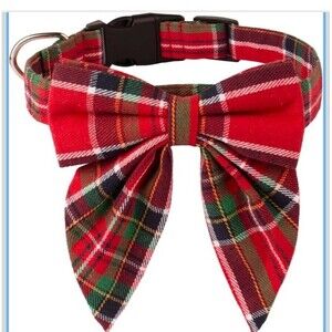 Christmas Dog Collar Classic Red Plaid Removable Bow Tie Adjustable Medium